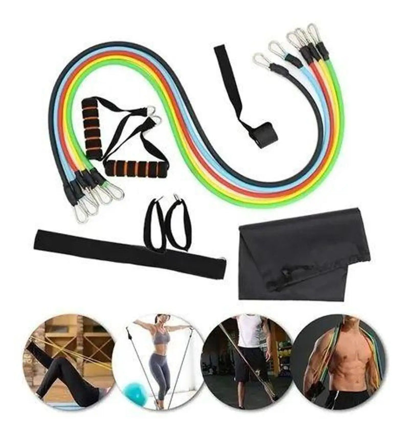 Kit com 11 Extensores Elásticos Funcionais para Exercícios - Academia, Ginástica, Fitness, Desenvolvimento Muscular