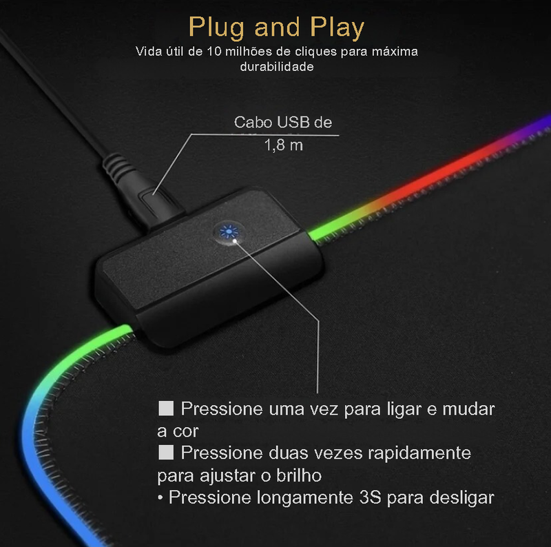 ALFA Mouse Pad Gamer Iluminado Rgb Led 80x30cm Preto