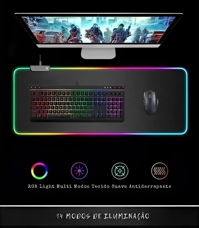 ALFA Mouse Pad Gamer Iluminado Rgb Led 80x30cm Preto