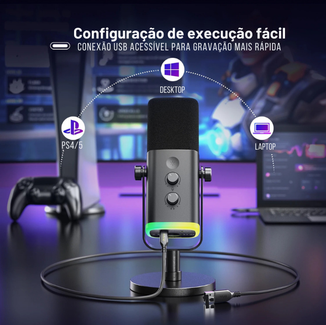 FIFINE Microfone Dinâmico USB/XLR com Controle RGB, Entrada para Fone de Ouvido, Função Mudo, Microfone para PC, Gaming, Gravação e Streaming AmpliGame-AM8