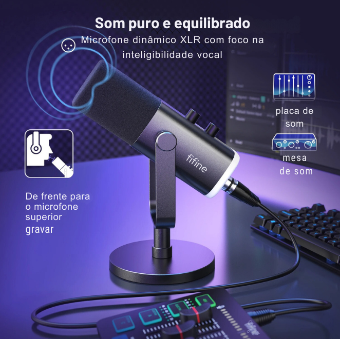 FIFINE Microfone Dinâmico USB/XLR com Controle RGB, Entrada para Fone de Ouvido, Função Mudo, Microfone para PC, Gaming, Gravação e Streaming AmpliGame-AM8