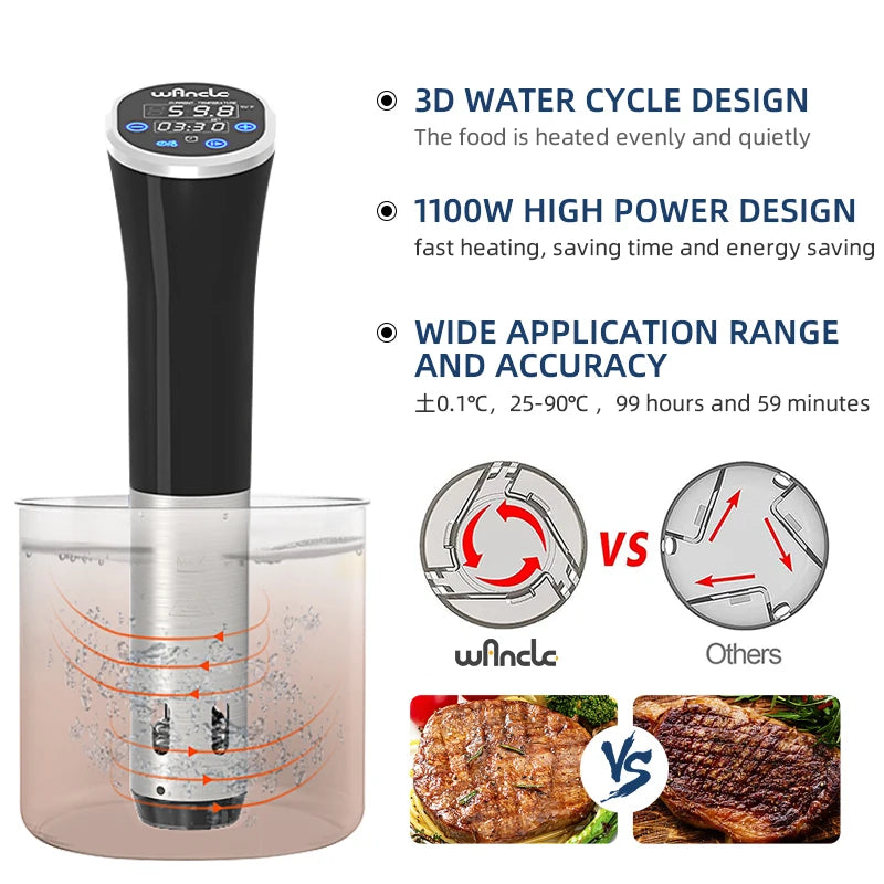 Wancle 1100W Sous Vide Cooker - Circulador de Imersão com Toque LCD, Cozinha Precisão, IPX7 à Prova d'Água, Cozimento a Vácuo com Display Digital