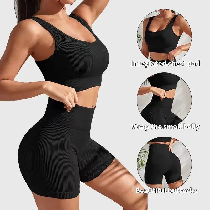 Conjunto de Yoga Riblado Feminino - Top Cropped Sem Costura, Sutiã, Shorts, Conjunto de Yoga, Roupas Confortáveis, Elásticas, Para Exercícios, Fitness e Academia