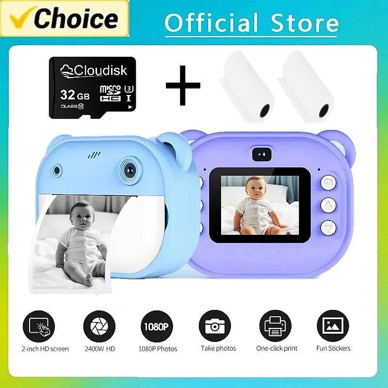 Câmera Digital Infantil com Impressão Instantânea para Crianças - Câmera de Impressão Térmica, Impressão de Fotos Instantâneas, Câmera de Vídeo para Brinquedos + Cartão de Memória de 32GB.