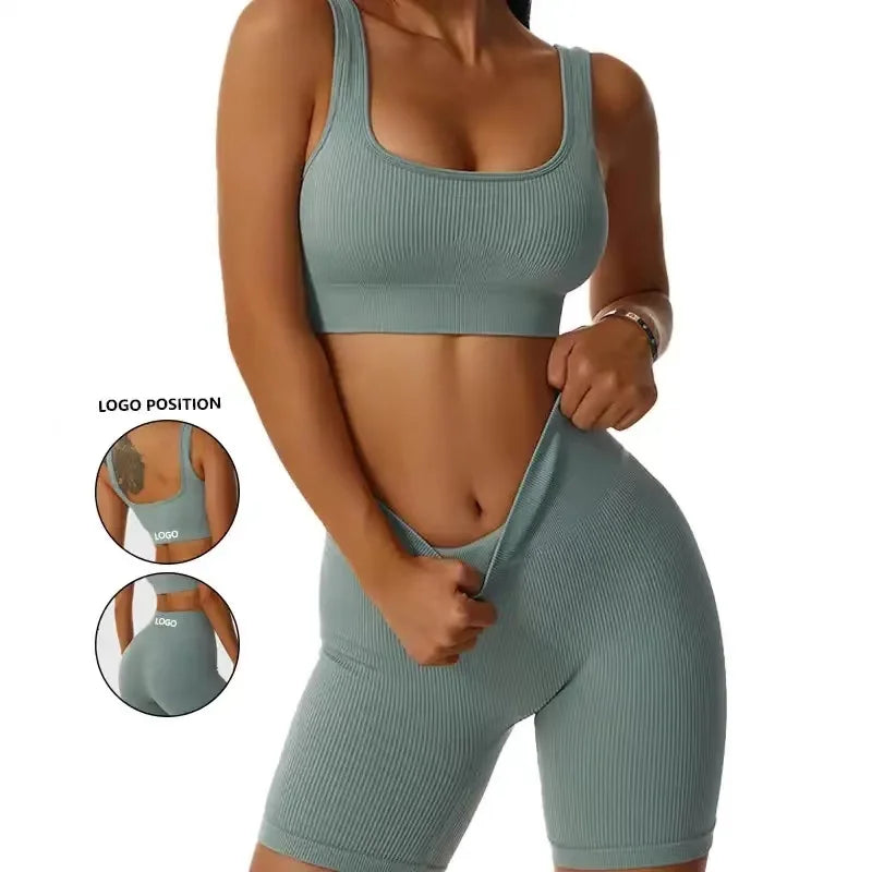 Conjunto de Yoga Riblado Feminino - Top Cropped Sem Costura, Sutiã, Shorts, Conjunto de Yoga, Roupas Confortáveis, Elásticas, Para Exercícios, Fitness e Academia