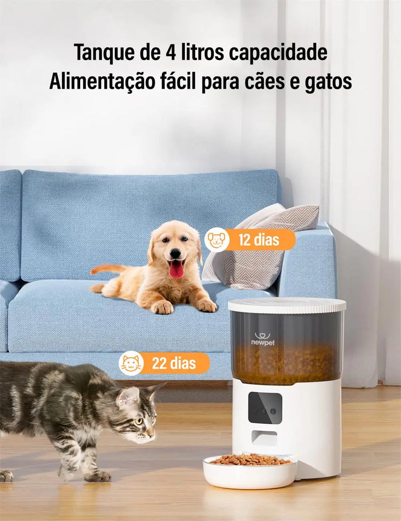 Newpet Alimentador temporizado para gatos 4L Alimentador para gatos com APP inteligente Refeição em aço inoxidável Alimentador remoto de ração para animais de estimação Dispensador automático adequado para cães e ga